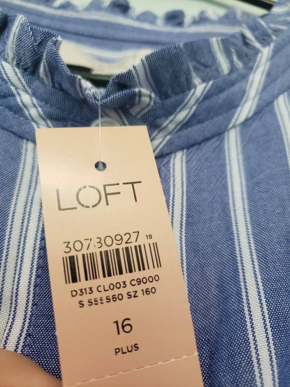 Loft Womens Plus 16 Blouse Button Up High Collar Ruffle Blue Stripe Career NWT - Picture 6 of 6
